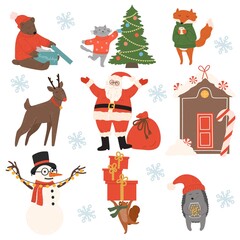 Set of animals, decorations and symbols of Christmas and New year holidays