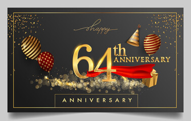 64th years anniversary design for greeting cards and invitation, with balloon, confetti and gift box, elegant design with gold and dark color, design template for birthday celebration
