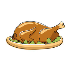 Turkey or baked chicken on plate with greens, one continuous line. Color doodle icon. Stylized hand drawn illustration of Thanksgiving holiday dish. Contour isolated vector. Thin linear drawing