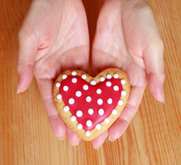Female's hands holding a heart shaped cookies with care