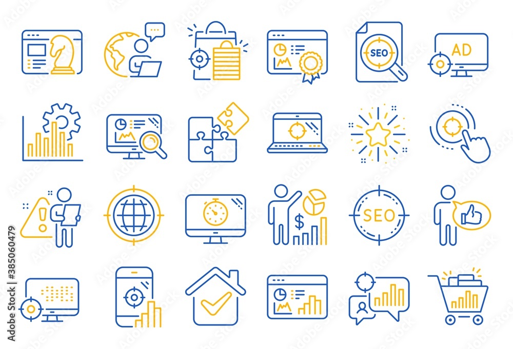 Poster seo line icons. set of increase sales, business ad strategy and website optimization icons. puzzle, 