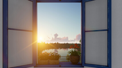Sunny Sky over the Lake and Trees Outside the Window 3D Rendering