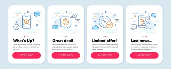 Set of line icons, such as Augmented reality, Fast verification , Timer symbols. Mobile screen mockup banners. Bitcoin pay line icons. Phone simulation, Timer, Time management. Mobile payment. Vector