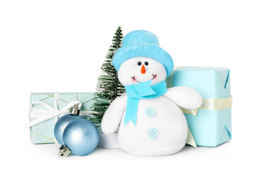 Cute snowman toy, Christmas tree and decor on white background