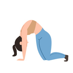 The girl is on all fours in the pose of an angry cat. Exercises for the back. Vector illustration on a white isolated background.