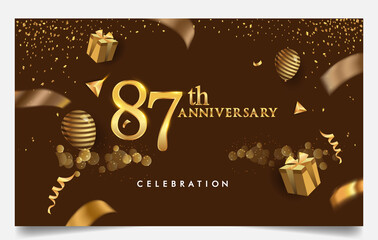 87th years anniversary design for greeting cards and invitation, with balloon, confetti and gift box, elegant design with gold and dark color, design template for birthday celebration