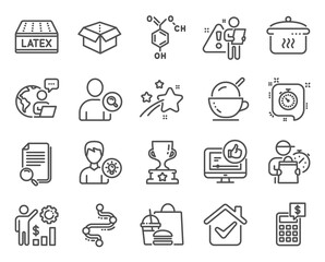 Business icons set. Included icon as Employees wealth, Find user, Calculator signs. Search file, Winner cup, Ice cream symbols. Person idea, Latex mattress, Like video. Timer, Open box. Vector