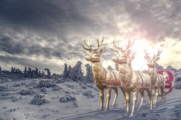 Christmas night scene - Santa Claus rides reindeer