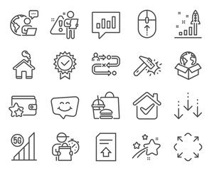 Technology icons set. Included icon as Delivery service, Swipe up, Analytical chat signs. Maximize, Loyalty program, Home symbols. 5g wifi, Certificate, Upload file. Smile chat line icons. Vector