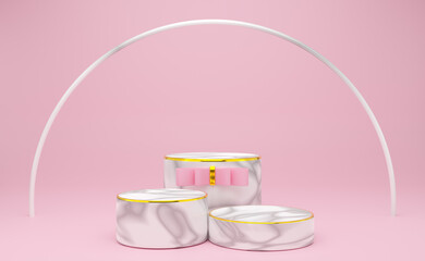 podium empty with geometric shapes in pink pastel composition for modern stage display and minimalist mockup ,abstract showcase background ,Concept 3d illustration or 3d render