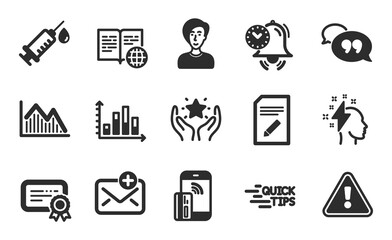 Certificate, Time management and Internet book icons simple set. Investment graph, Ranking and Contactless payment signs. New mail, Quote bubble and Medical syringe symbols. Flat icons set. Vector