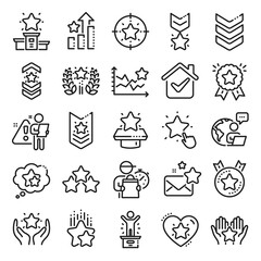 Ranking line icons. First place, star rating and winner medal. Shoulder strap, army achievement and victory ribbon icons. Star ranking, champion and winner trophy. Best level. Line icon set. Vector