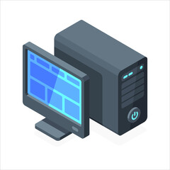 Desktop monitor with system case. Black computer. Flat 3d vector isometric illustration isolated on white background.