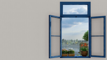 Early Morning Mist over the Trees and the Lake Outside the Window 3D Rendering