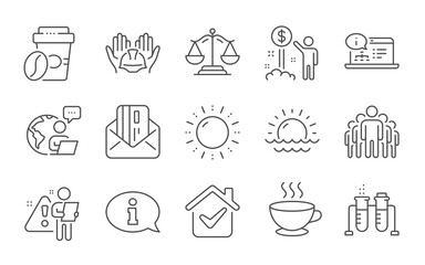 Online documentation, Information and Coffee cup line icons set. Income money, Sunset and Sun energy signs. Chemistry beaker, Takeaway coffee and Justice scales symbols. Line icons set. Vector
