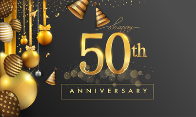 50th years anniversary design for greeting cards and invitation, with balloon, confetti and gift box, elegant design with gold and dark color, design template for birthday celebration