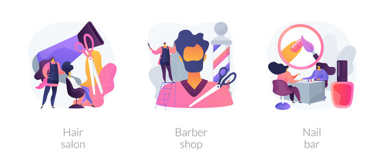 Beauty salon abstract concept vector illustration set. Hair salon, barbershop, nail bar, Haircut service, beard shaving, nail polish, french manicure, hairstylist chair and scissors abstract metaphor.