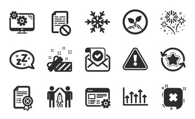 Air conditioning, Settings and Growth chart icons simple set. Reject certificate, Sleep and Web settings signs. Wrong file, Partnership and Present symbols. Flat icons set. Vector