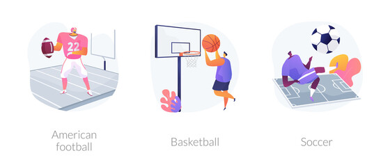 Playing game abstract concept vector illustration set. American football, basketball and soccer, touchdown, training field, professional league, world championship, grass field abstract metaphor.