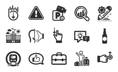 Touchscreen gesture, Face id and Feedback icons simple set. Metro subway, Project edit and Idea lamp signs. Airport transfer, Scroll down and Portfolio symbols. Flat icons set. Vector