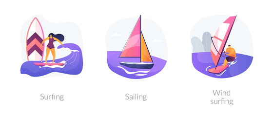 Summer adventure sport abstract concept vector illustration set. Surfing, sailing and windsurfing, yacht club, beach holiday, extreme lifestyle, water sport, summer vacation abstract metaphor.
