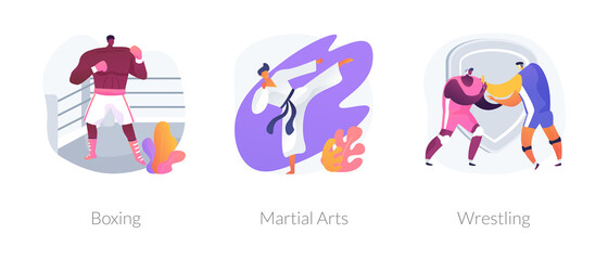 Combat sport abstract concept vector illustration set. Boxing, martial arts, wrestling training, boxer glove and ring, fight club, karate class, self-defense, professional fighter abstract metaphor.