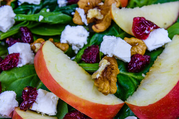 Background of the salad with spinach leaves, feta cheese, cranberries, walnuts and apple