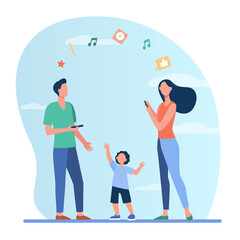 Man and woman talking to each other via phone, child near parents. Virtual communication, social distance, family concept can be used for presentations, banner, website design, landing page