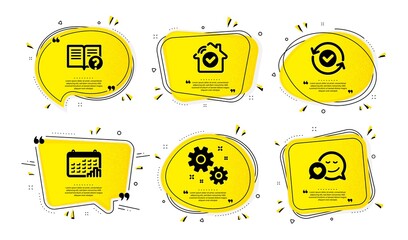 Help, Calendar graph and House security icons simple set. Yellow speech bubbles with dotwork effect. Work, Security confirmed and Dating signs. Documentation, Annual report, Smart home. Vector
