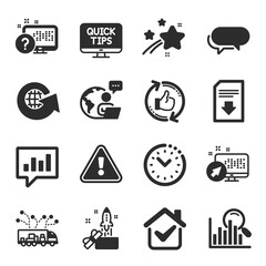 Set of Technology icons, such as Messenger, Truck delivery, Search symbols. Online quiz, Download file, World globe signs. Refresh like, Web system, Time management. Analytical chat. Vector