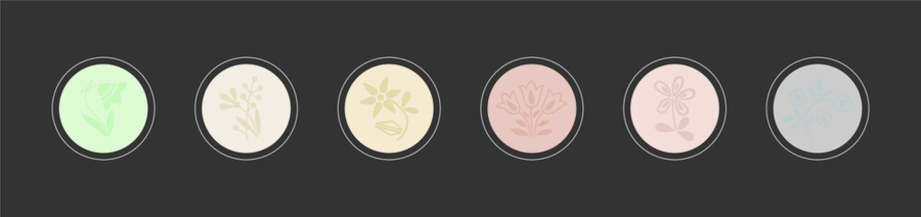Highlights icons. Set of meadows & garden flowers in flat style. Round sticker. Color vector illustration isolated on dark background. 