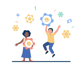 Young professionals celebrating successful startup project. Multinational team. Flat vector illustration. Online business concept can be used for presentation, banner, website design, landing web page