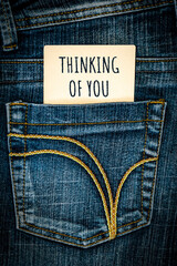 Jeans pocket. Lettering on the leaf Thinking of you