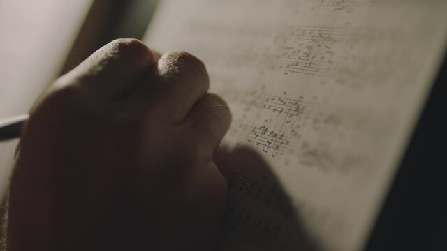 Person writing musical notes in a book