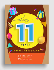 11th Years Anniversary invitation Design, with gift box and balloons, ribbon, Colorful Vector template elements for birthday celebration party.