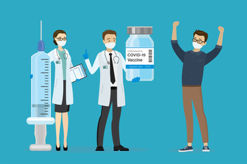 Caucasian doctors with syringe and coronavirus vaccine. Happy patient, vaccination, stop Covid-19, healthcare concept