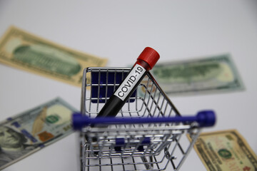 View on modell of shopping cart with covid-19 blood sample tube and us dollar bills background ...