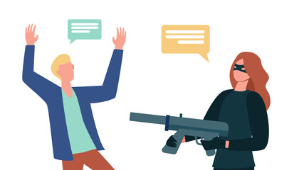 Woman with gun attacking man in cyberspace. Flat vector illustration. Crime, terror, victim. Criminal concept can be used for presentations, banner, website design, landing web page