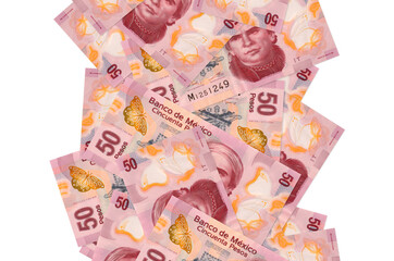 50 Mexican pesos bills flying down isolated on white. Many banknotes falling with white copyspace on left and right side - obrazy, fototapety, plakaty
