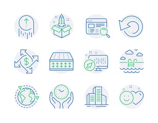 Business icons set. Included icon as Recovery data, Swimming pool, Outsourcing signs. Web system, Website search, Swipe up symbols. Startup, Payment exchange, Flexible mattress. Safe time. Vector