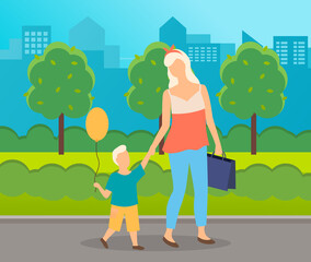 A little boy with balloon holds his mother s hand. People walk in a city park in the summer. Parent goes with her son and carrying paper bags. Houses and buildings in the background. Flat image