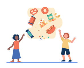 Children reaching their hands to junk food. Fast food, sweets, cakes. Flat vector illustration. Unhealthy food concept can be used for presentations, banner, website design, landing web page