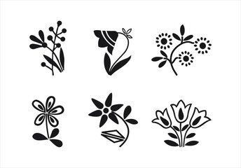 Set of silhouettes of garden & meadow plants.  Vector black icon isolated flower on white background.