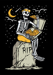 Skull eating pizza at grave illustration