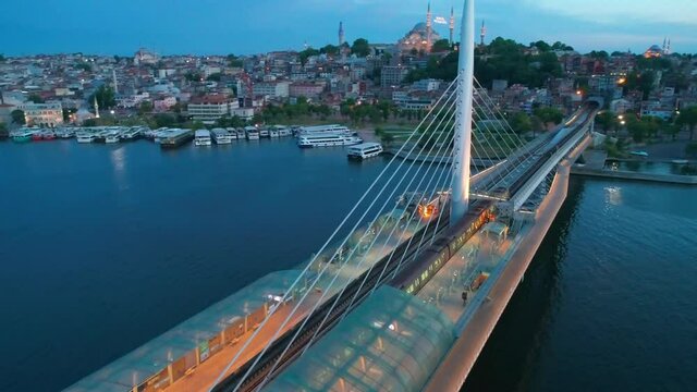 Istanbul, Unkapani subway bridge aerial footage at night
