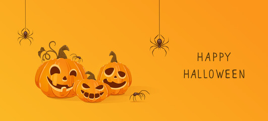 Halloween Banner with Happy Pumpkins on Orange Background