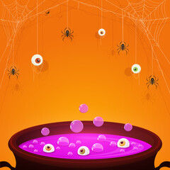 Halloween Purple Potion in Cauldron with Eyes and Spiders on Orange Background