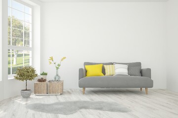 White living room with sofa and summer landscape in window. Scandinavian interior design. 3D illustration