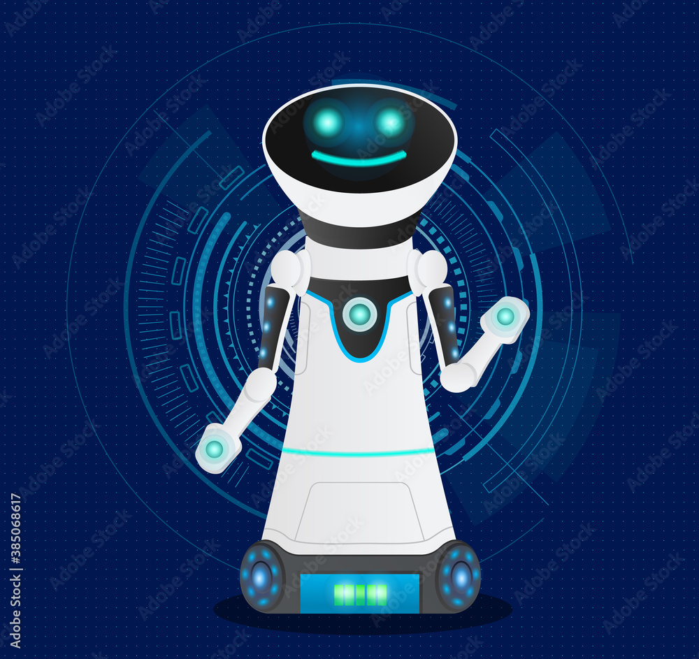 Poster futuristic friendly smiling cyborg with artificial intelligence. dark blue background with electroni