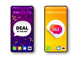 Sale bubble banner. Phone mockup vector confetti banner. Discount sticker shape. Coupon chat icon. Social story post template. Deal of the day speech buuble. Cell phone frame banner. Vector